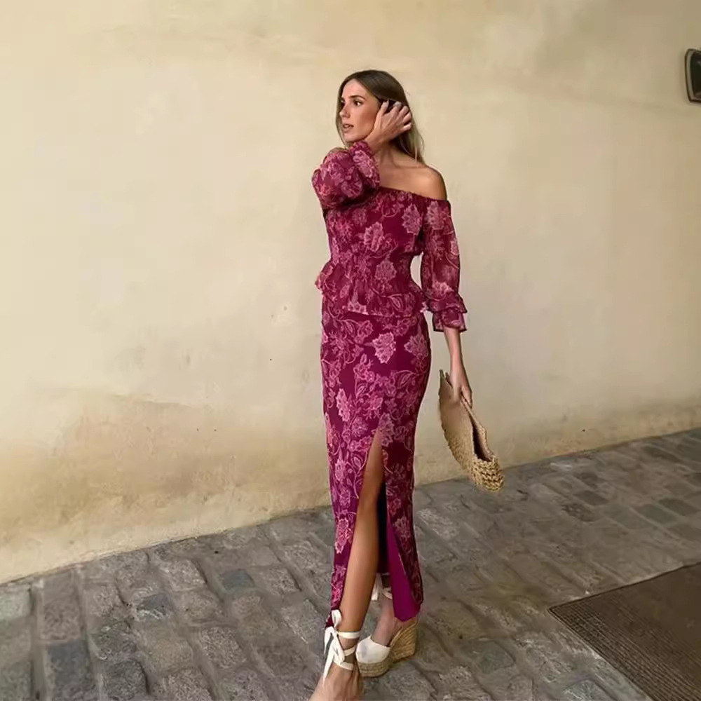 Off Shoulder Blouse - Women's Fashion Printed Off-Shoulder Rose Red
