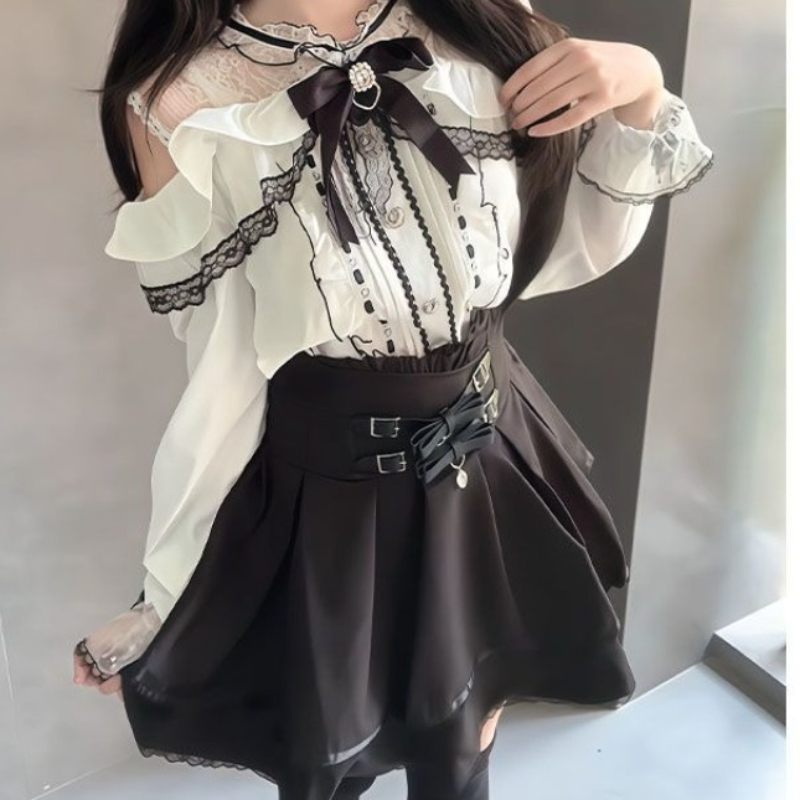 Off Shoulder Blouse - Japanese Gothic Y2k Lolita Style Set