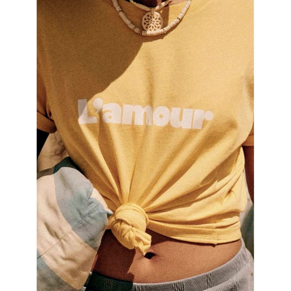 French Retro Letters Printing  - огляд і ціна Yellow Summer Clothing