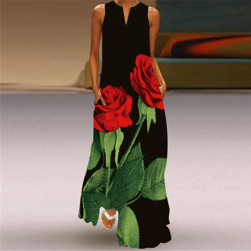 Red Rose Print Long Dress For  - огляд і ціна Summer Rose Clothing