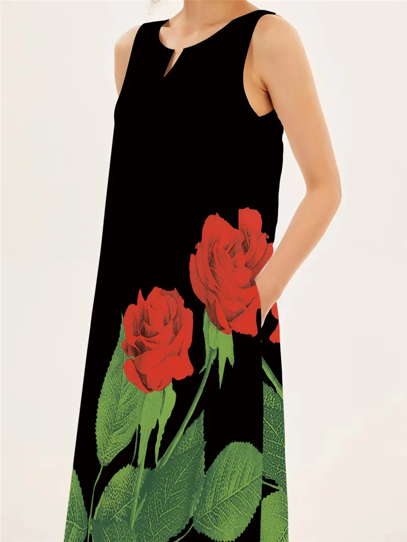 Red Rose Print Long Dress For  - огляд і ціна Summer Rose Clothing