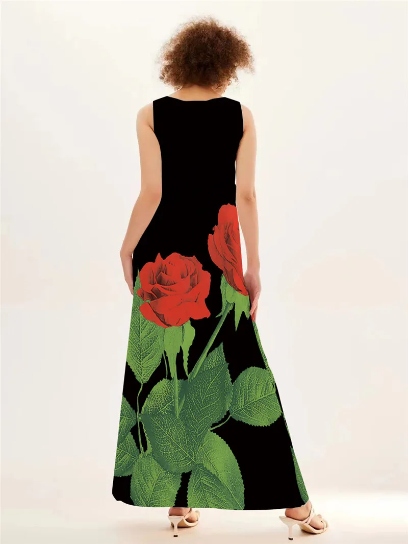 Red Rose Print Long Dress For  - огляд і ціна Summer Rose Clothing