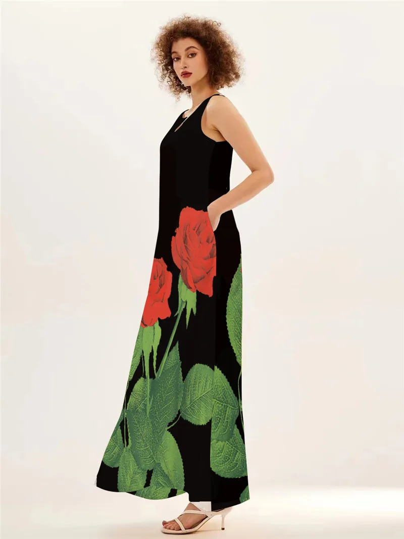 Red Rose Print Long Dress For  - огляд і ціна Summer Rose Clothing
